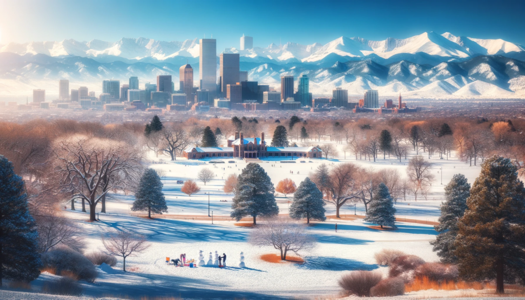 panoramic view of City Park in Denver during winter, with a family building a snowman in the foreground and the snowy Rocky Mountains in the background